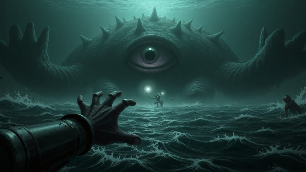 Monstrous Ocean Depths Scene in Flickering VHS-Style Footage
