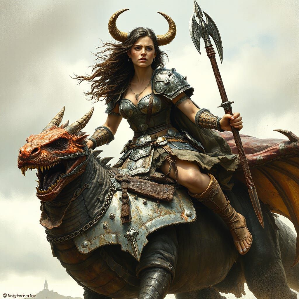 Viking Warrior Goddess Riding a Dragon