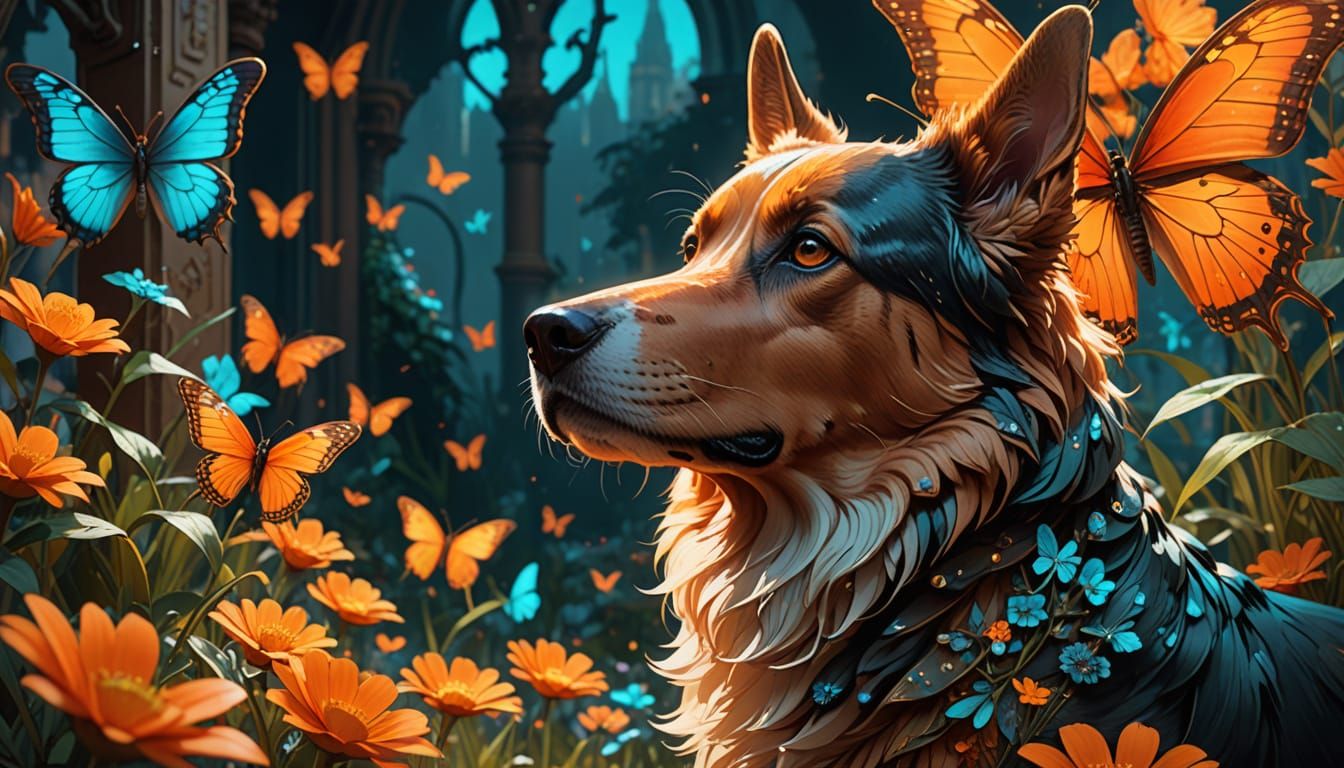 Surreal Dog Contemplates Vibrant Garden in Glowing Orange Li...