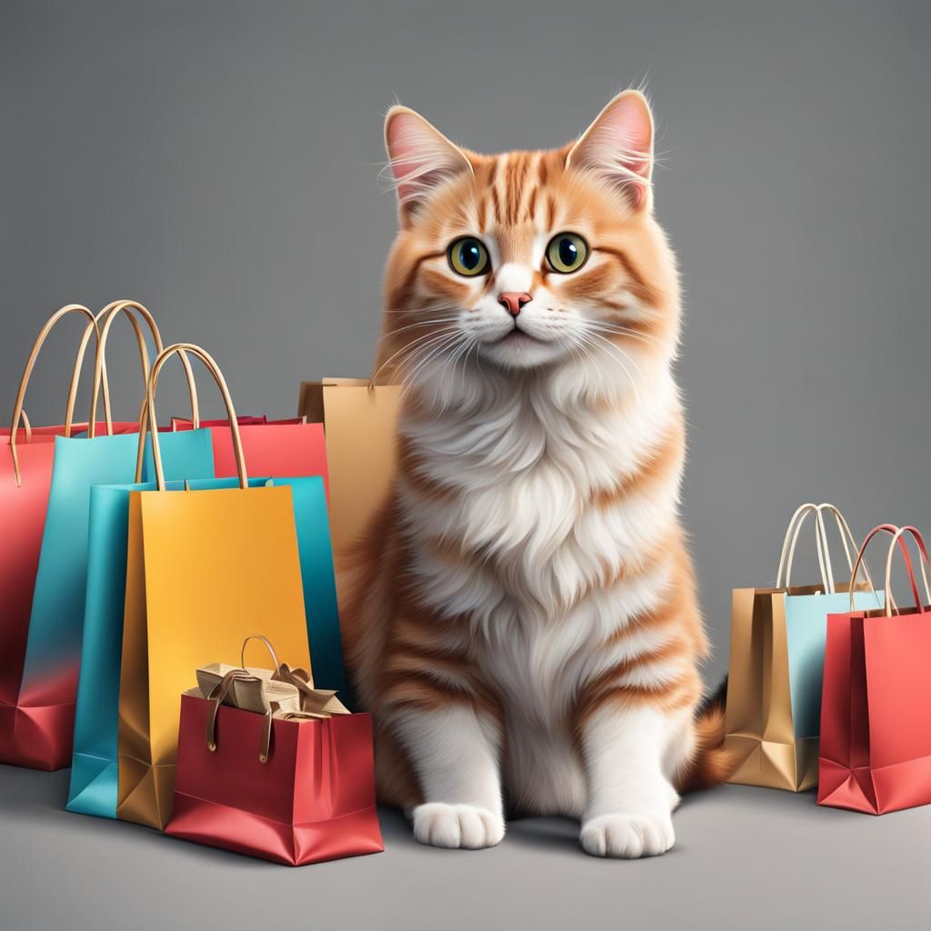 Realistic Cute Cat with Shopping Bags
