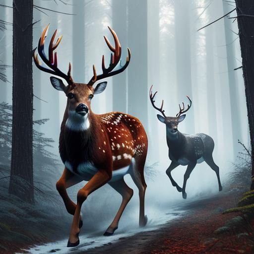 Hyperrealistic Deer Running in Winter Woods