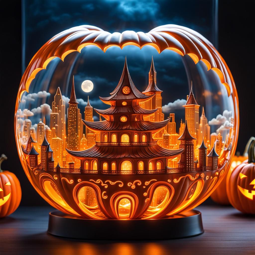 Glass City Jack-o-Lantern in Cloudy Sky