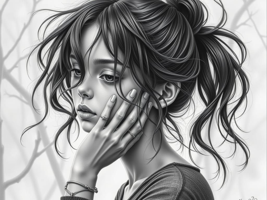 Pencil Illustration of Depressed Girl in Darkness