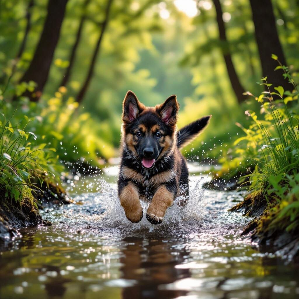 "A joyful German Shepherd puppy splashing through a serene, shallow forest stream, surrounded by lush green trees and ge...