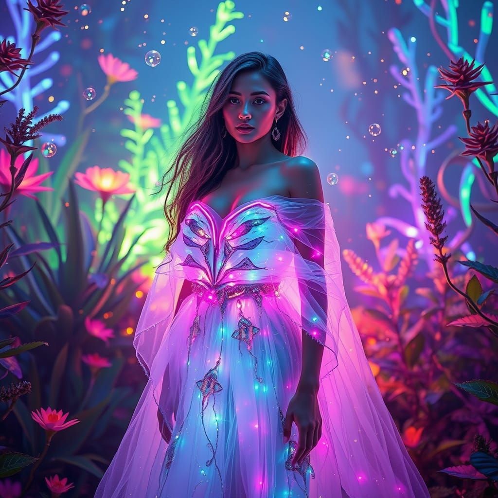 Surreal Goddess Radiates Neon Wonder in Lush, Dreamlike Fant...