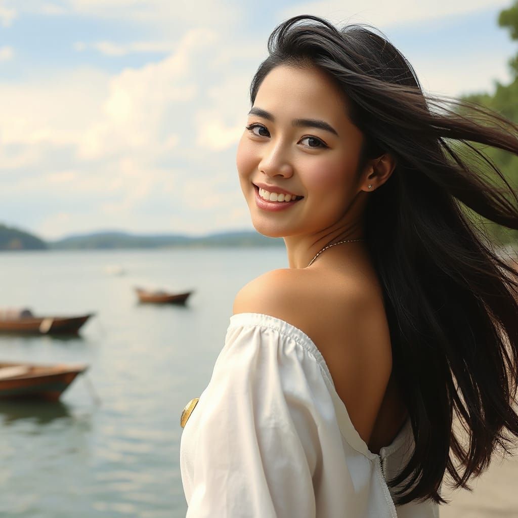 Mongolian Woman by Lakeside in Photo-Realistic Style