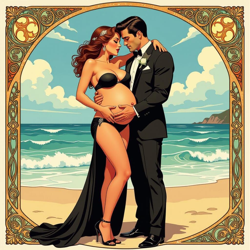 Horrified Pregnant Woman on Beach in Art Nouveau Style