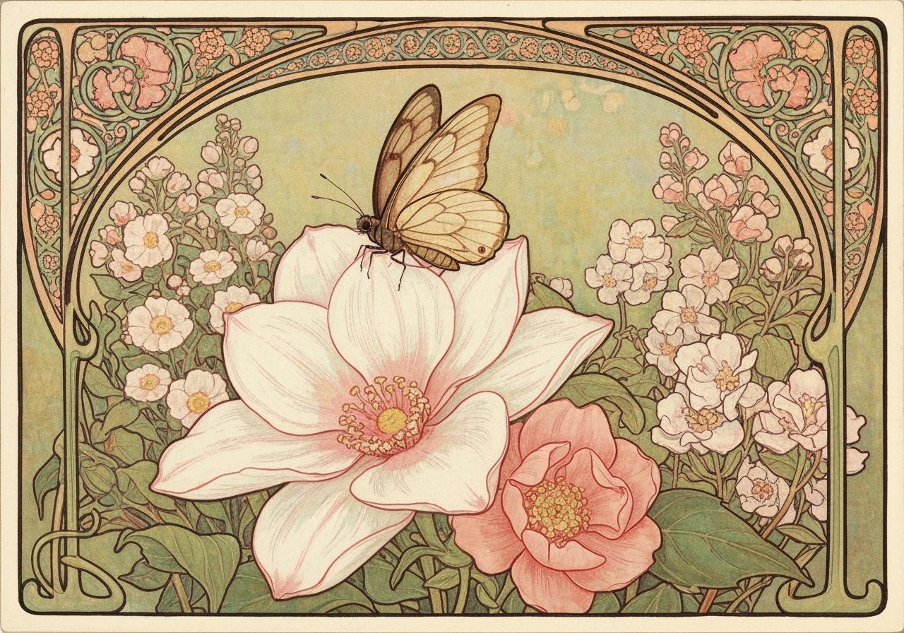Butterfly on Camellia in Art Nouveau Garden