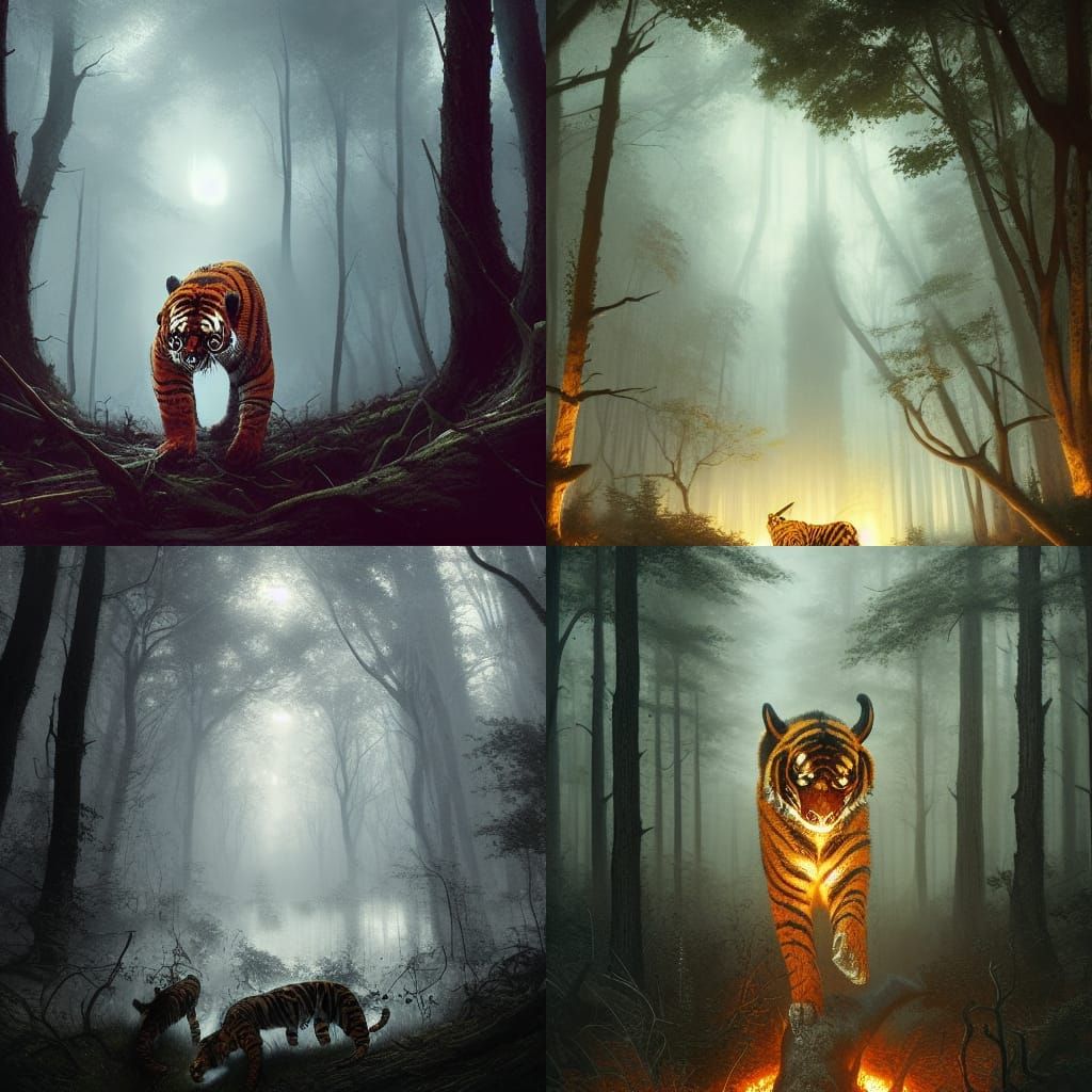 Fiery Tiger in Dark Forest: Digital Art