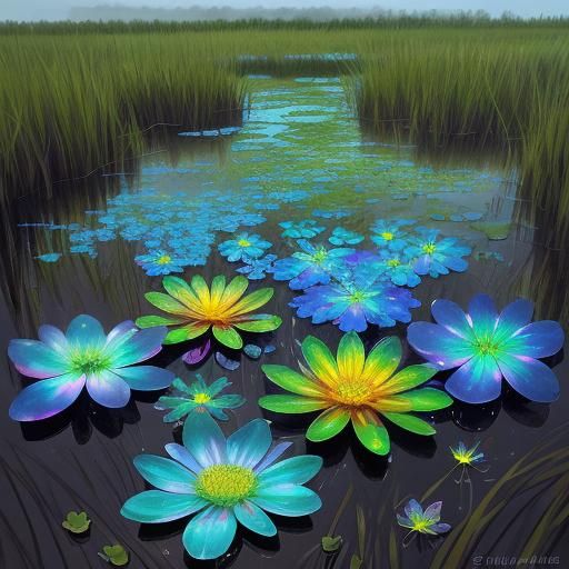 Iridescent Swamp Flowers in a Sparkling Marsh
