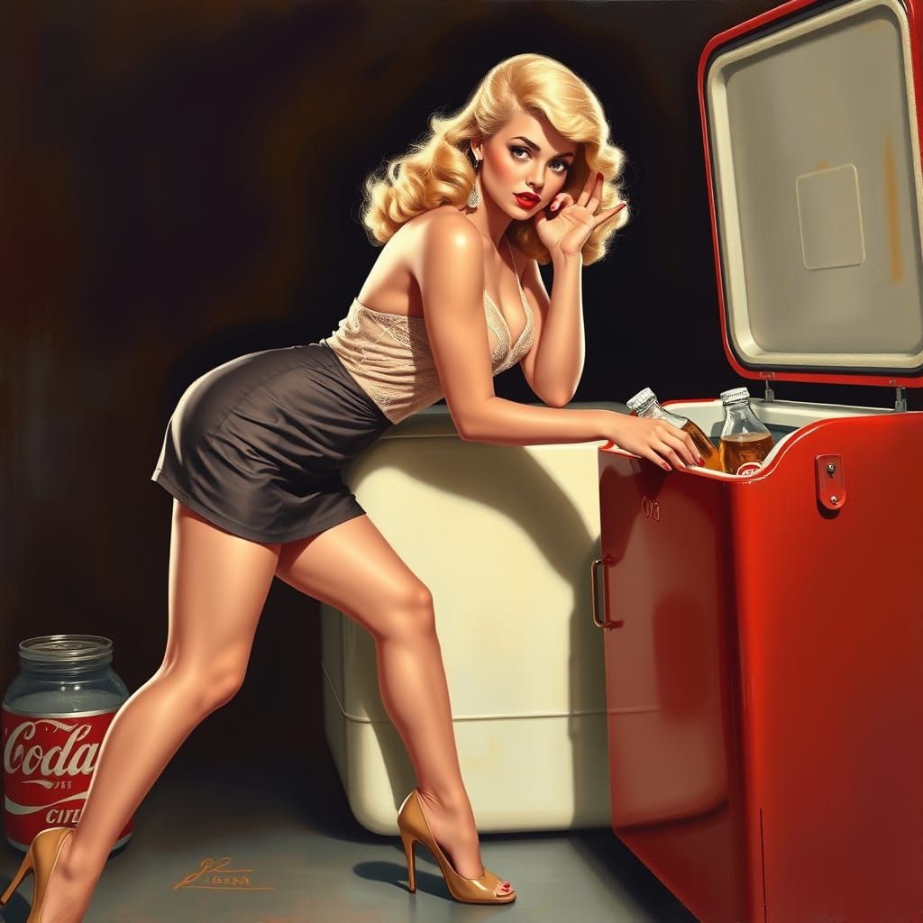 Vintage Pinup Girl Picking Up Soda, 1940s Style