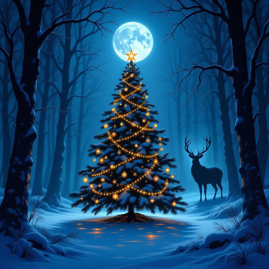Ethereal Christmas Tree in Dark Forest with Spectral Stag