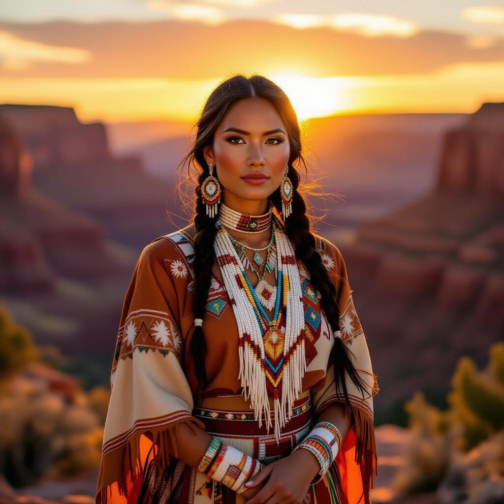 Indigenous Woman in Sun-Drenched Canyon