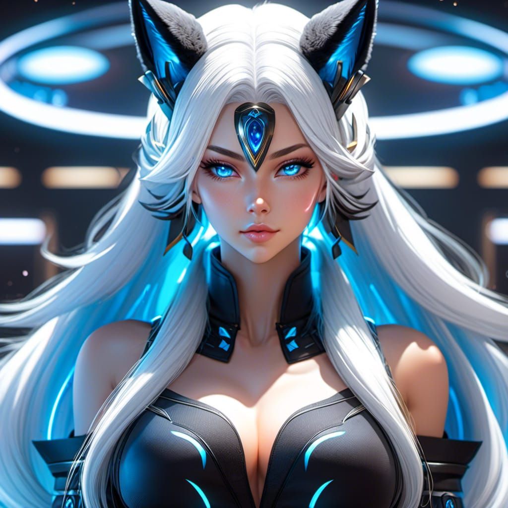 Girl with Wolf Ears in Nebula, Neon Outfit