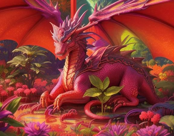 Majestic Strawberry Dragon in Rainbow Garden