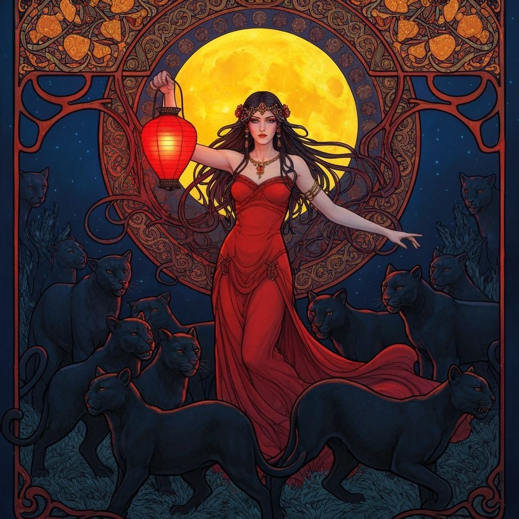 Goddess with Red Lantern and Black Pumas