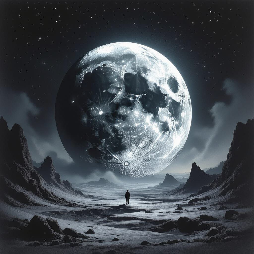 Ancient Moon Emerges from Desolate Landscape in Charcoal Dra...