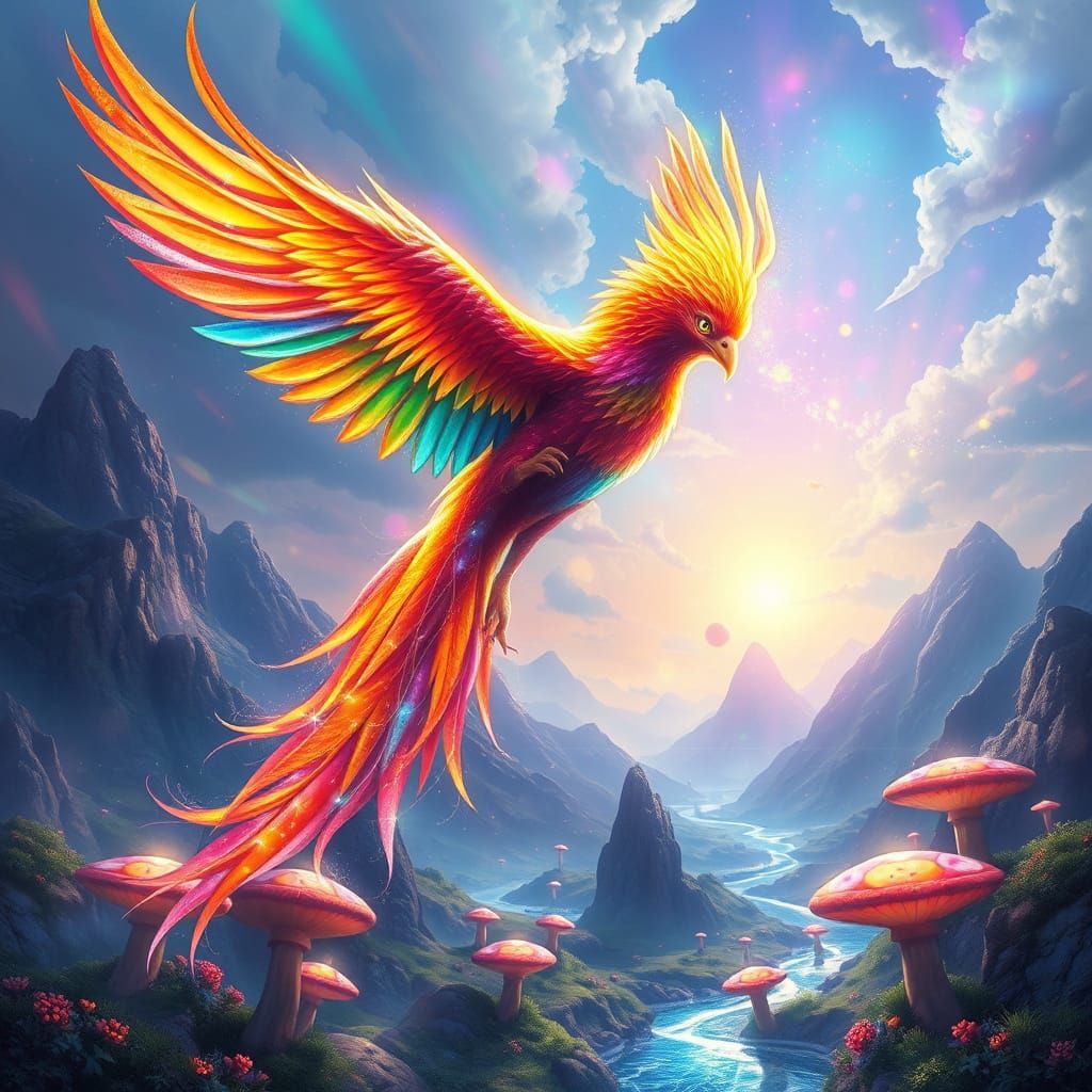 Rainbow Phoenix Soaring Through Fantasy Landscape