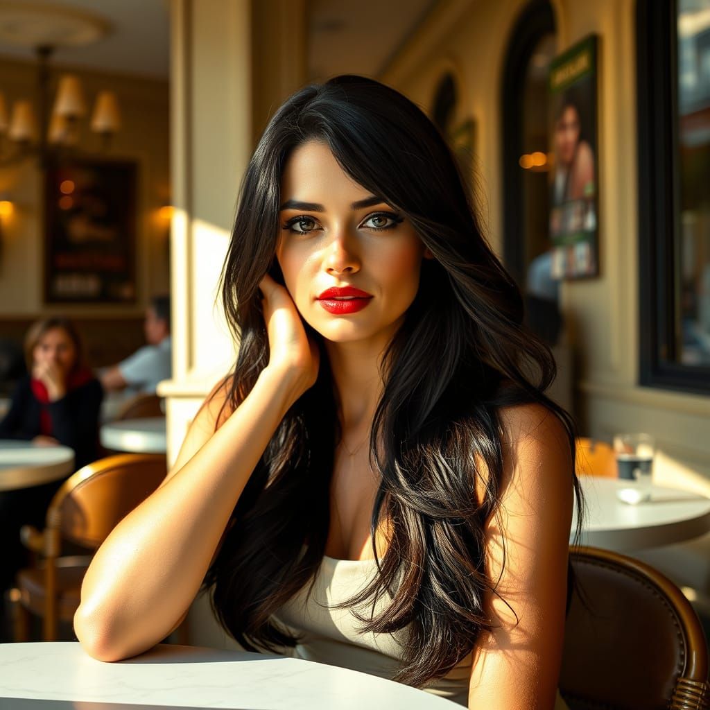 Glamorous Woman in Sunny London Cafe