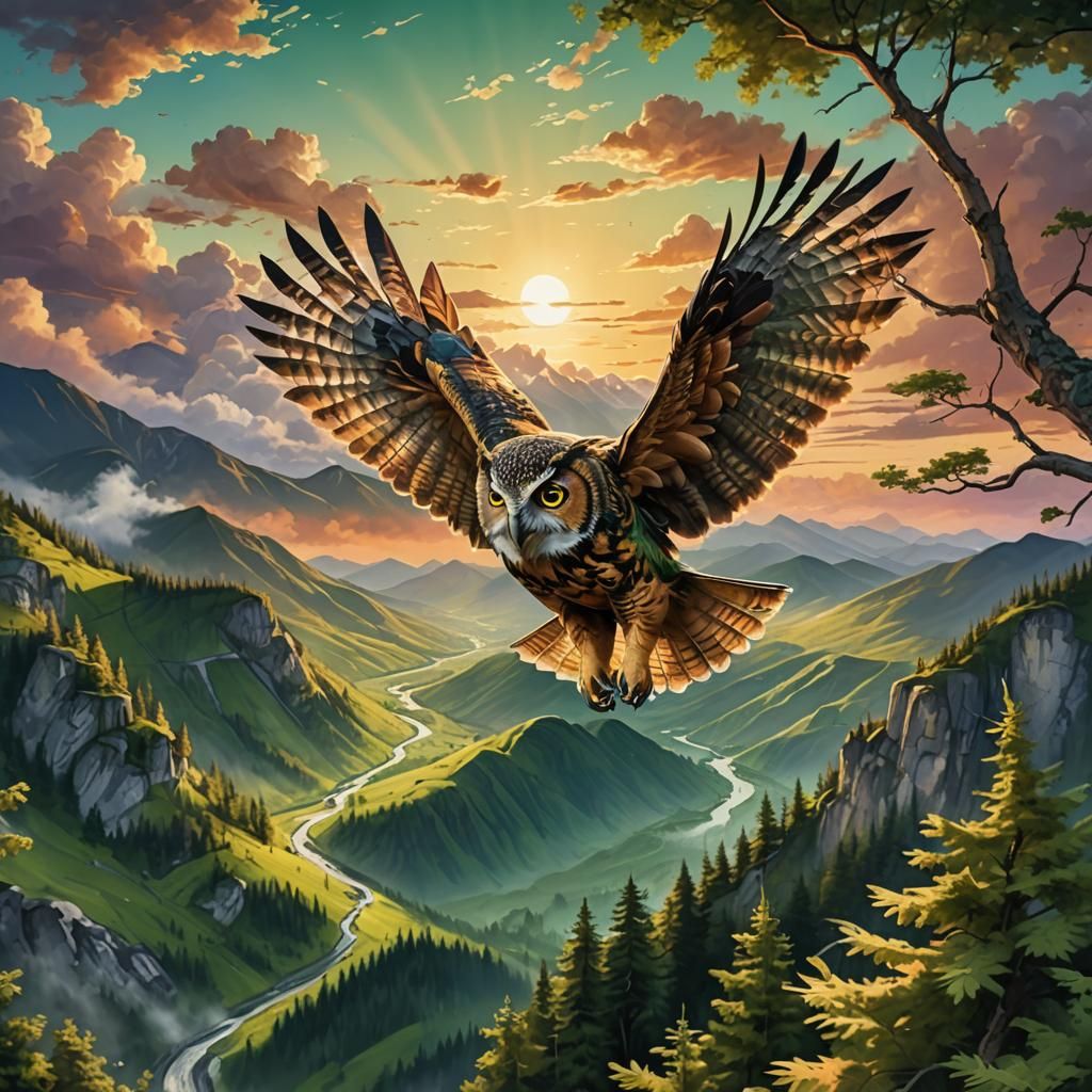 Hyperrealistic Owl Soaring at Sunset: Splash Art