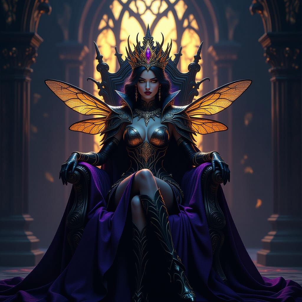 Regal Queen in Wasp Armor on Obsidian Throne
