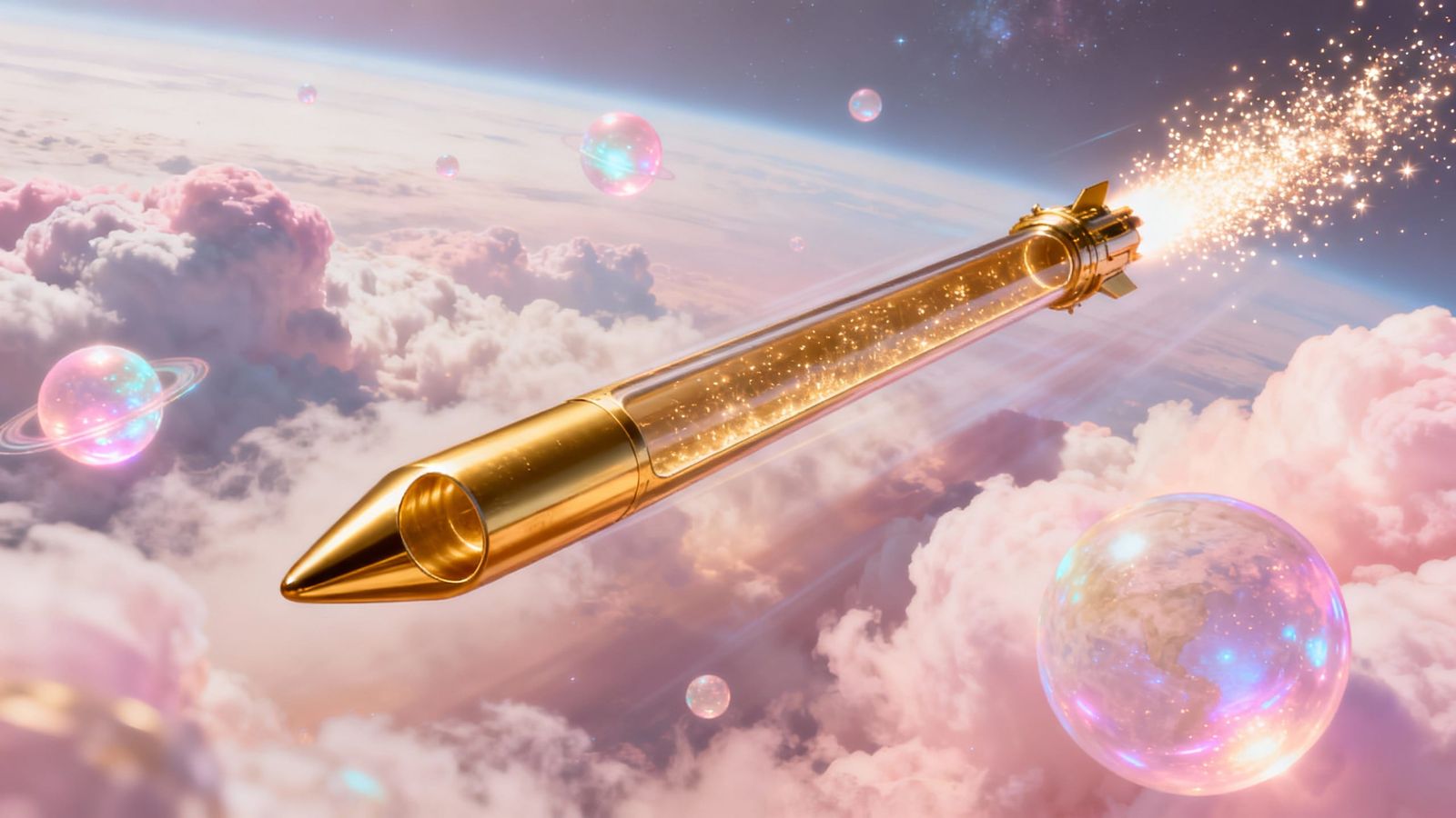 Golden Sleek Spaceship in Psychedelic Pastel Cosmos
