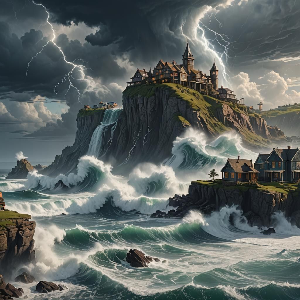 Futuristic Cliffside Houses with Giant Water Tornadoes