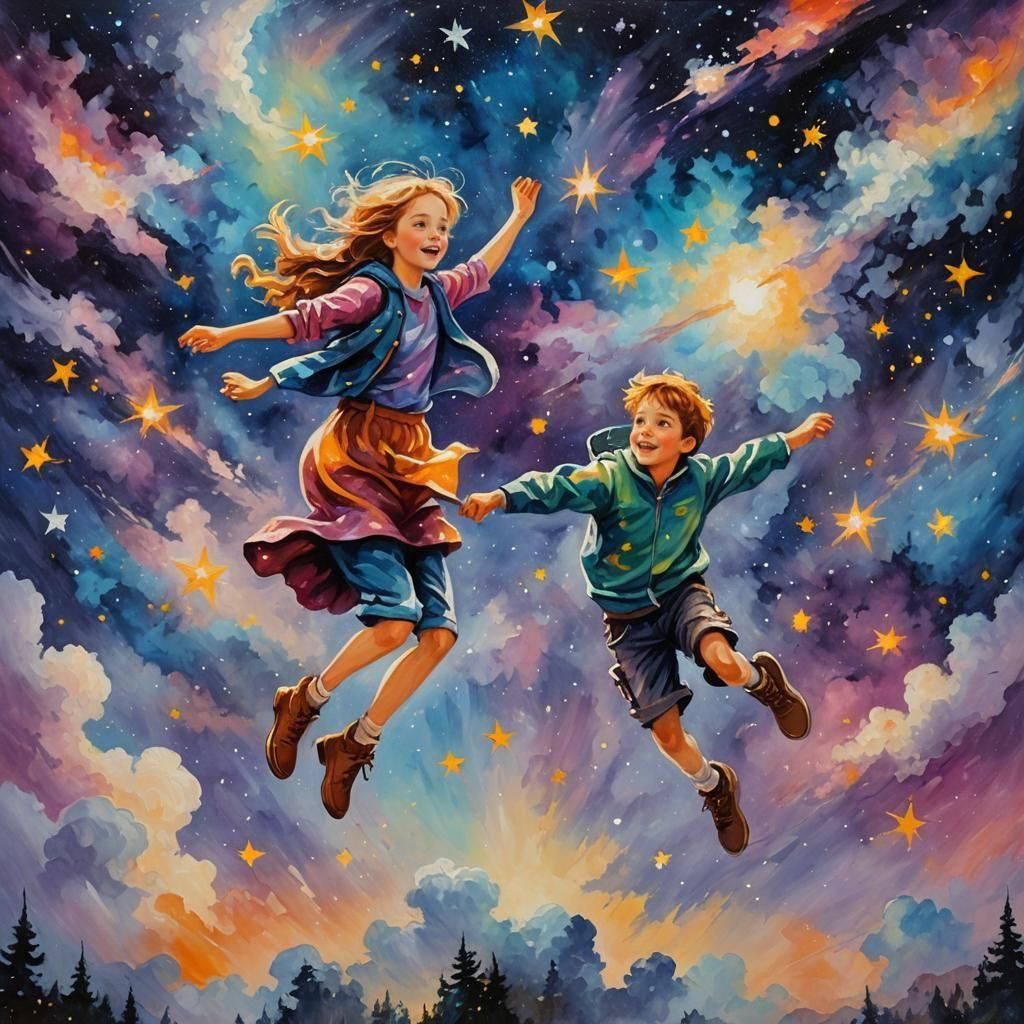 Magical Flight: Children in Starry Sky, Oil Painting