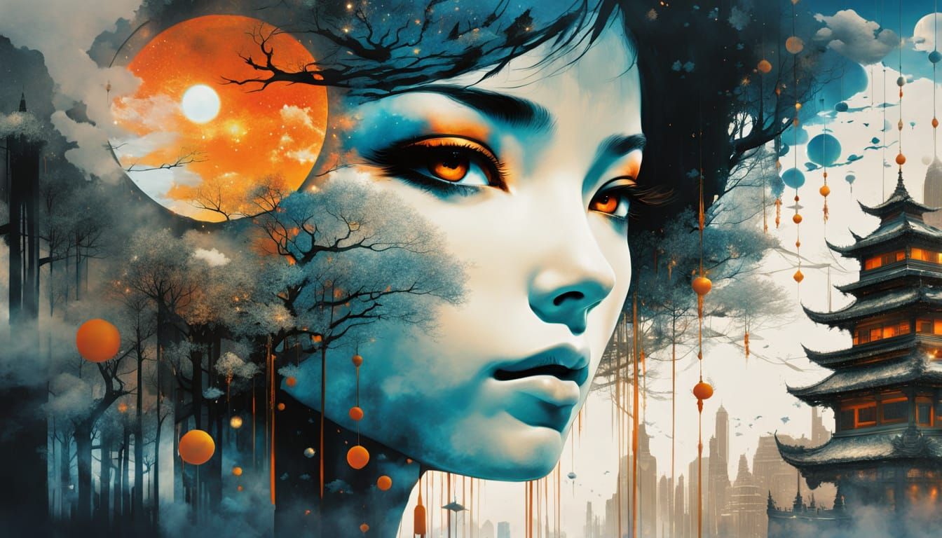 Cosmic Gay Man with Cityscape Hair in Surreal Forest