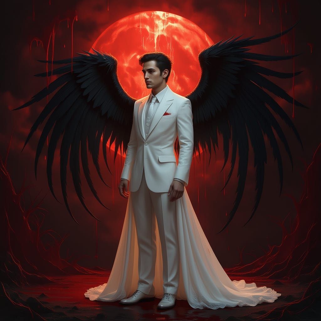 Dark Angel in White Dress with Bloody Moon