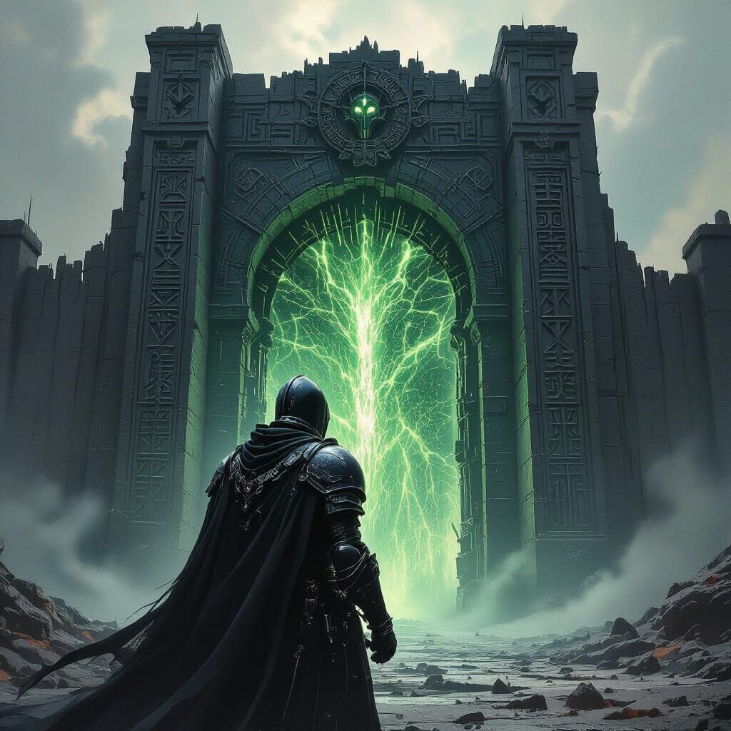 Knight Before Dark Energy Gate in Hyperrealistic Horror Styl...