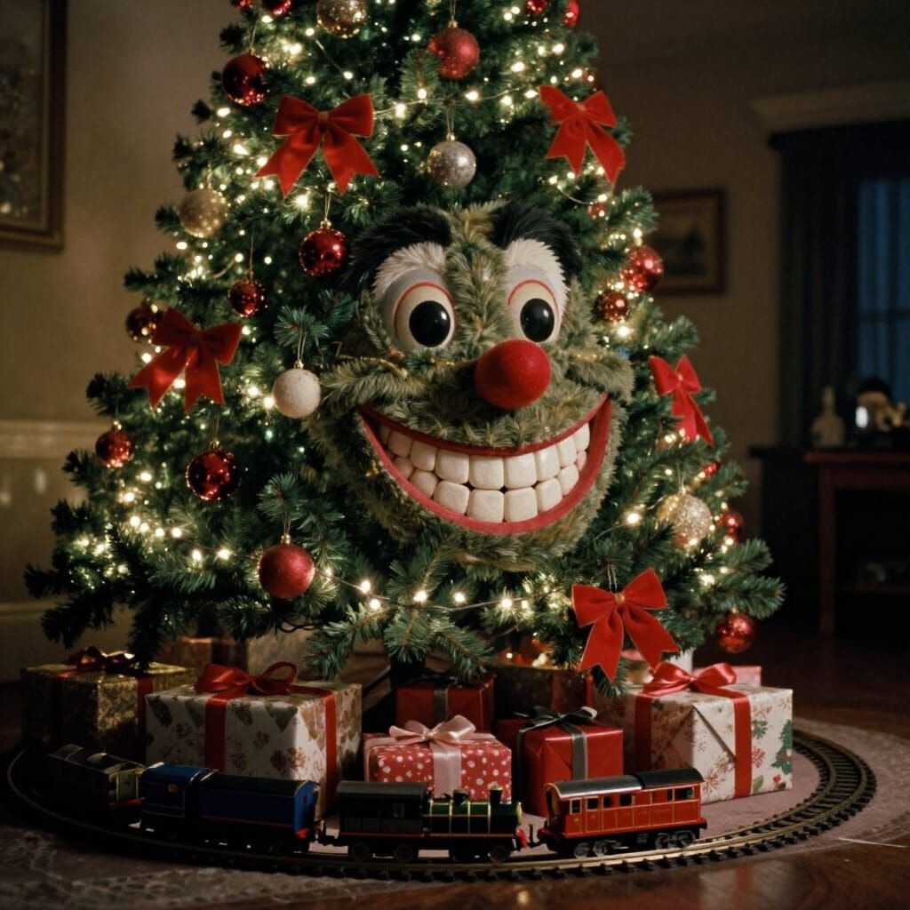 Jovial Christmas Tree with Presents and Toy Train