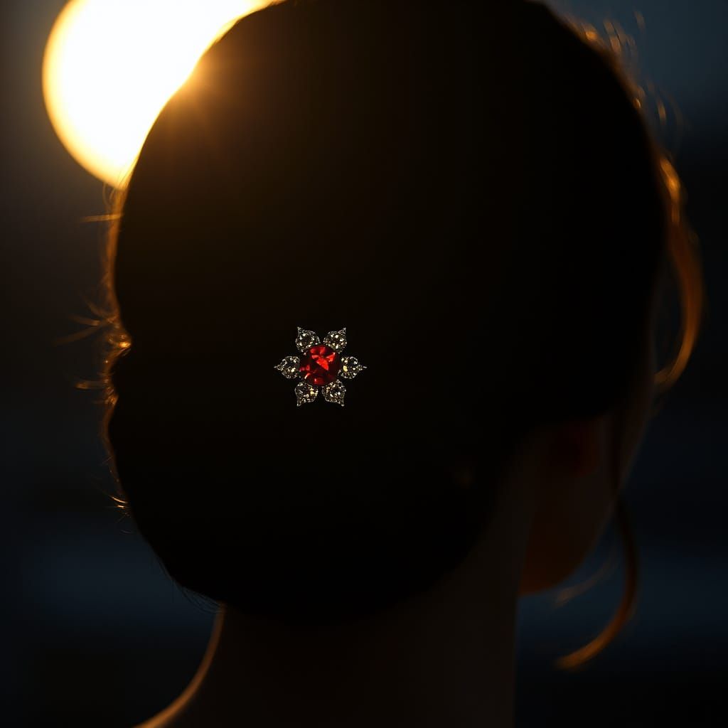 Ruby Hair Pin Sparkles in Moonlight, Cinematic Lighting