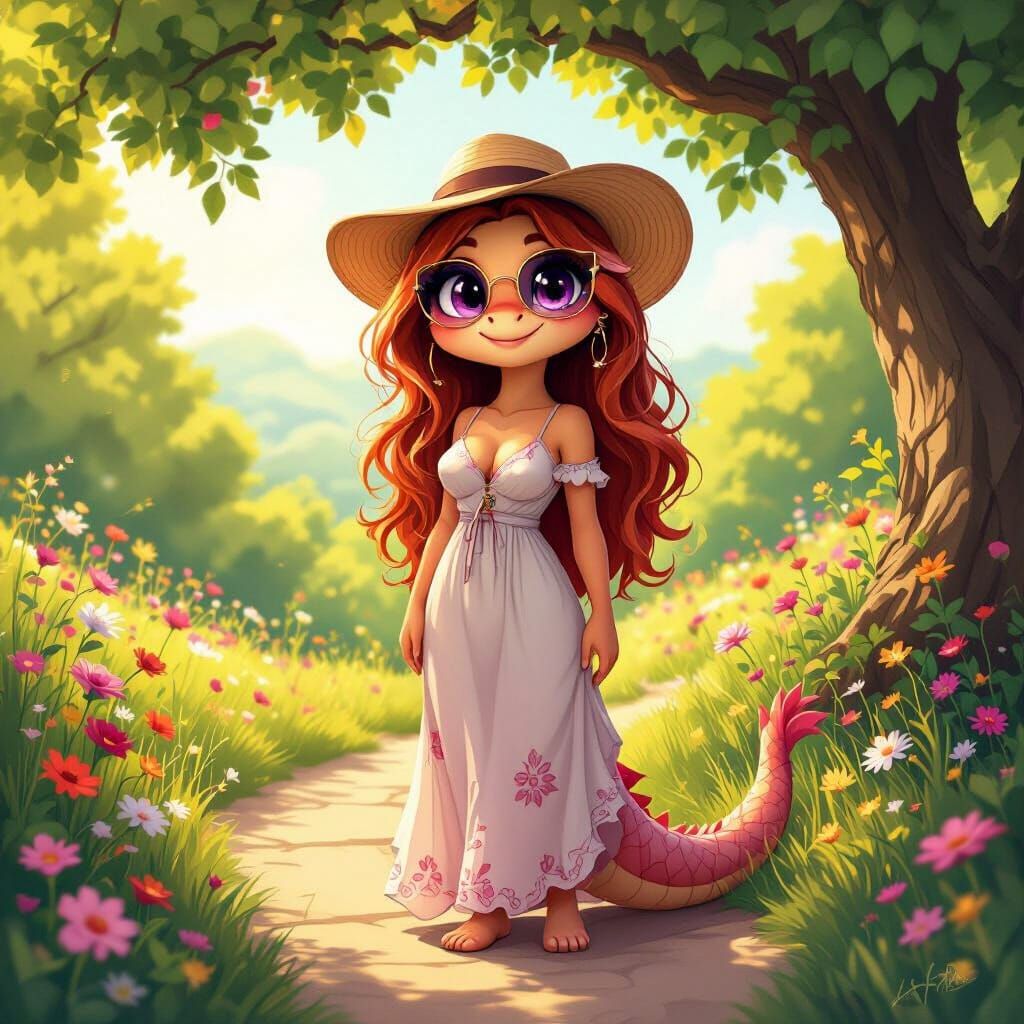 Anthropomorphic Dragon in Flowery Glade, Digital Art