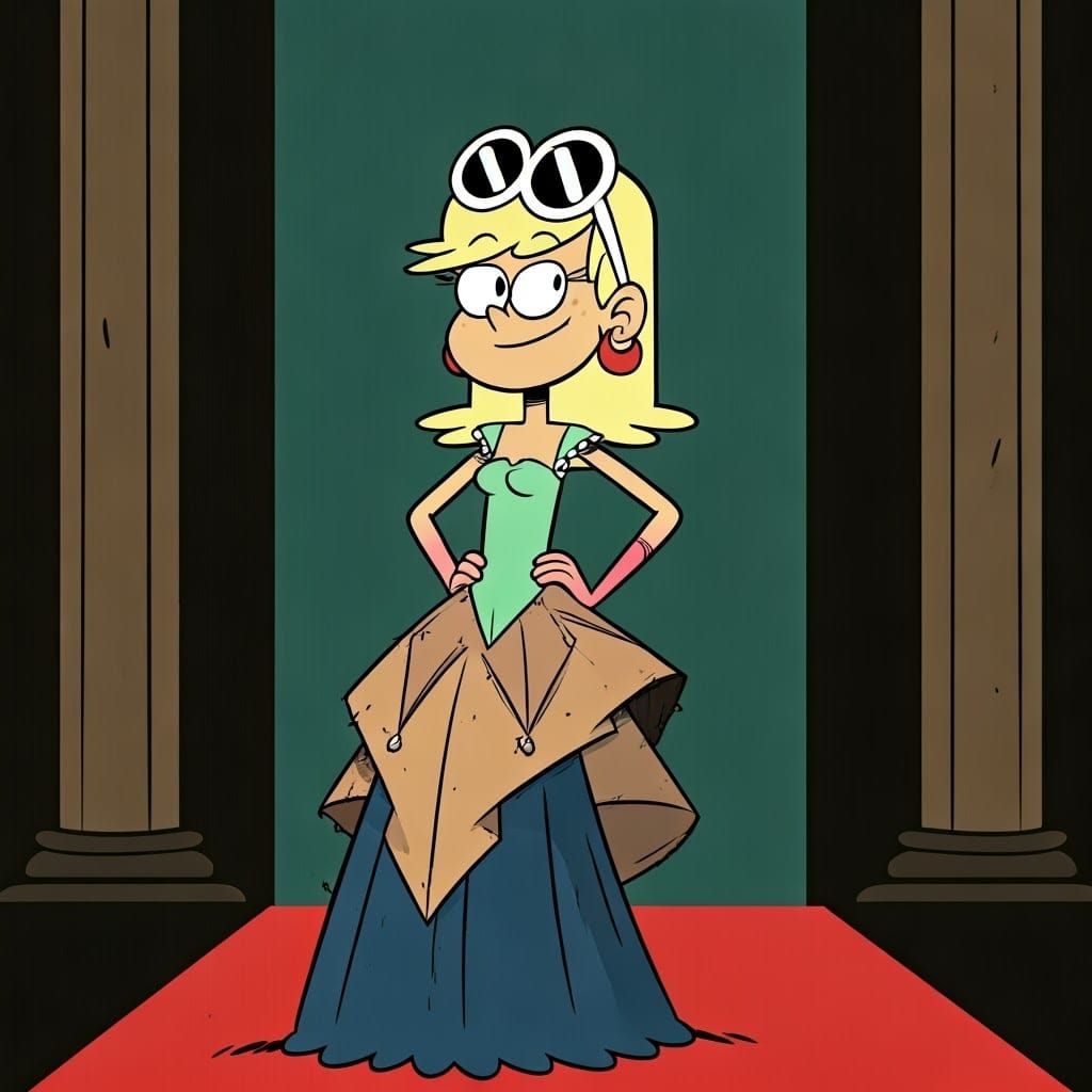 Imagine Leni Loud from The Loud House as a high-fashion model, strutting down a runway in Paris, wearing an avant-garde ...