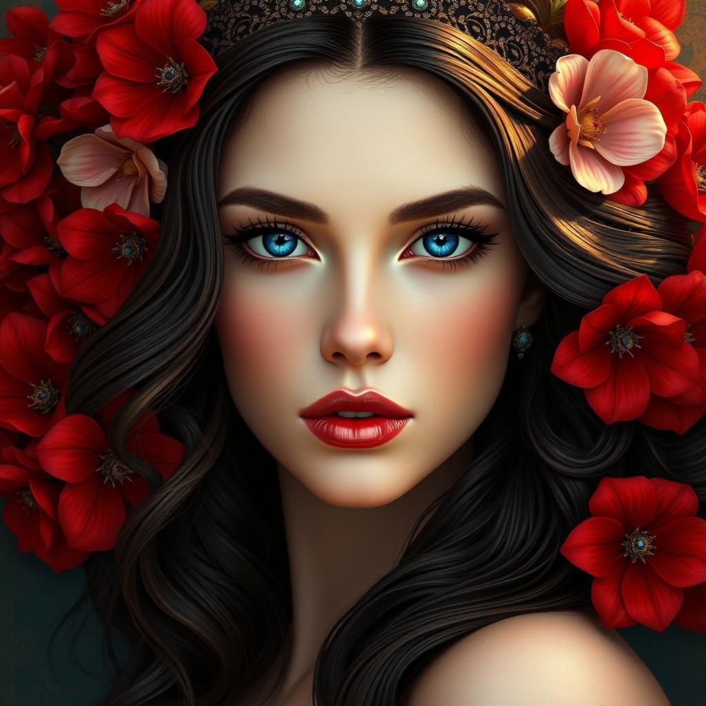 Regal Woman Portrait with Flowers in Digital Art Style