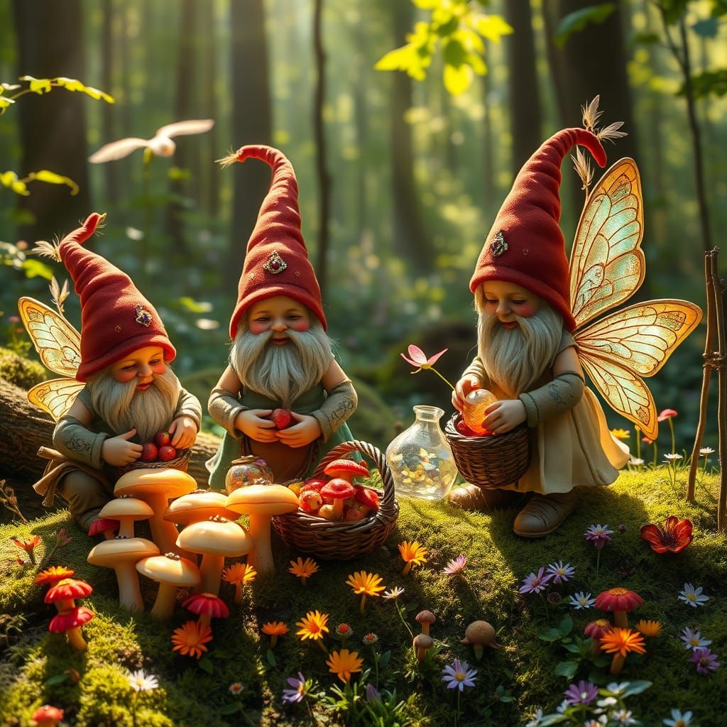 Gnomes Gather Rare Mushrooms in Sunlit Forest Glade