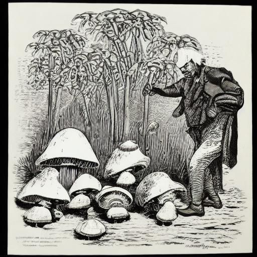 Mushroom Farmer Tending Fly Agaric, Linocut Style
