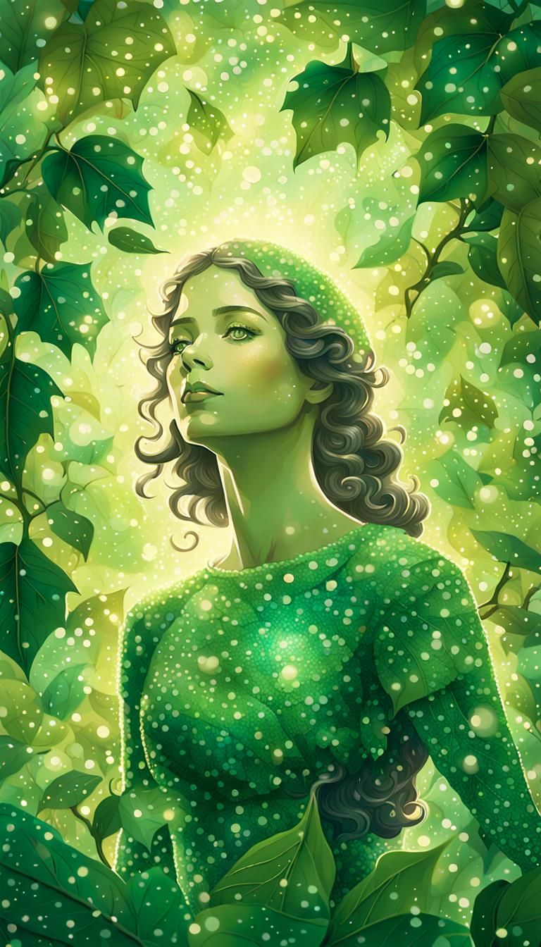 Mystical Green Lady in Pointillist Style