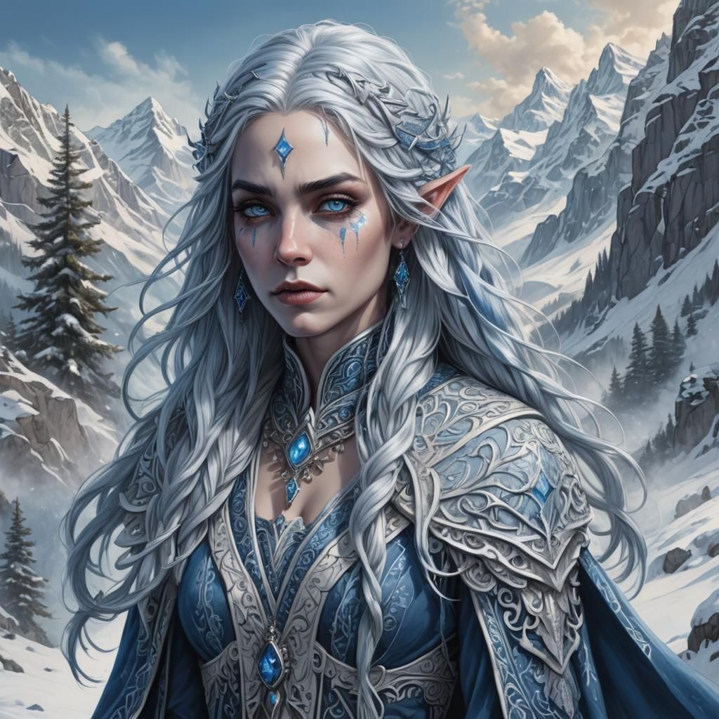 Detailed Pencil Sketch: Non-Binary Drow Ice Mage