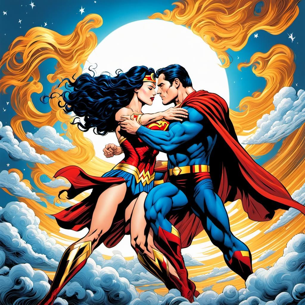 Wonder Woman and Superman Kiss in Comic Art Style