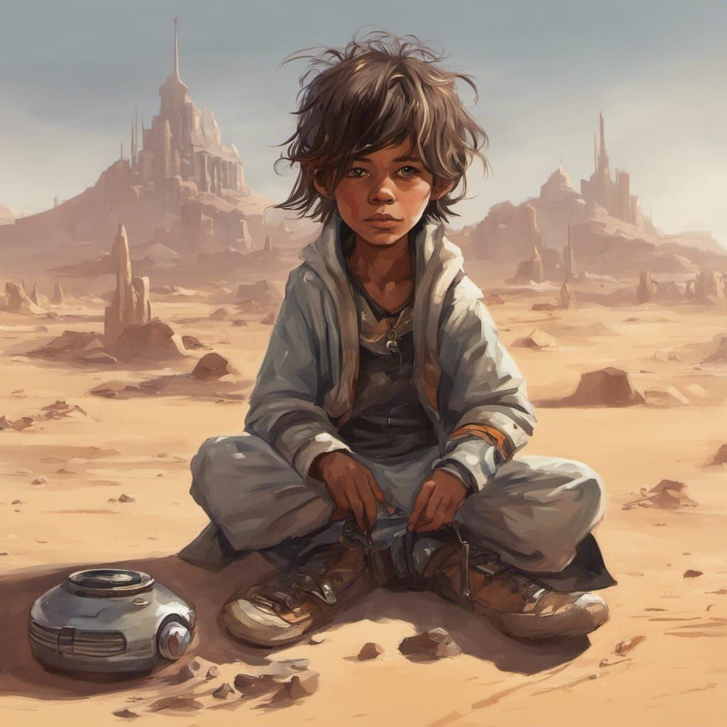Futuristic Beggar Boy in Desert Spaceport City