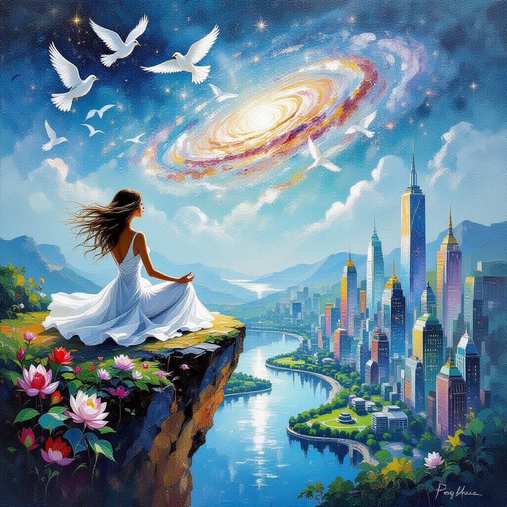 Impressionist Painting of Woman in Lotus Pose on Cliff