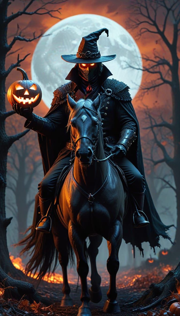 Headless Horseman with Flaming Jack-o'-Lantern Head