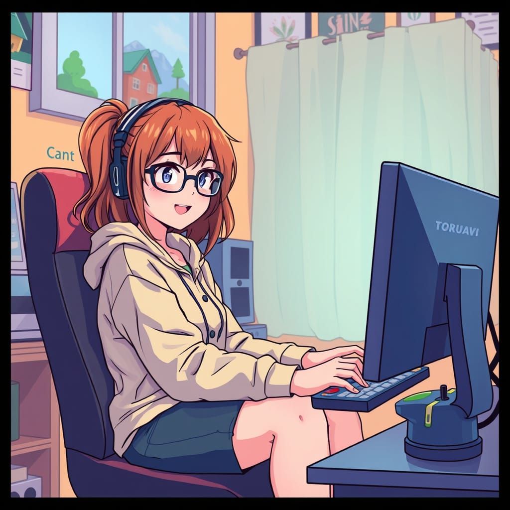 Girl Gaming in Cozy Room: Vibrant Loish-Inspired Art