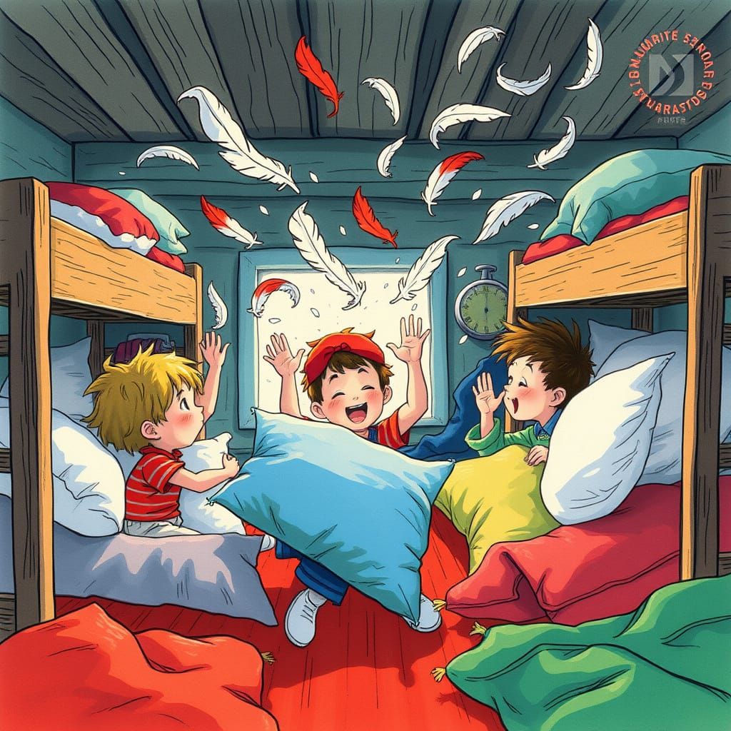 Kids in a bunkhouse at a sleepaway camp having a raging pill...