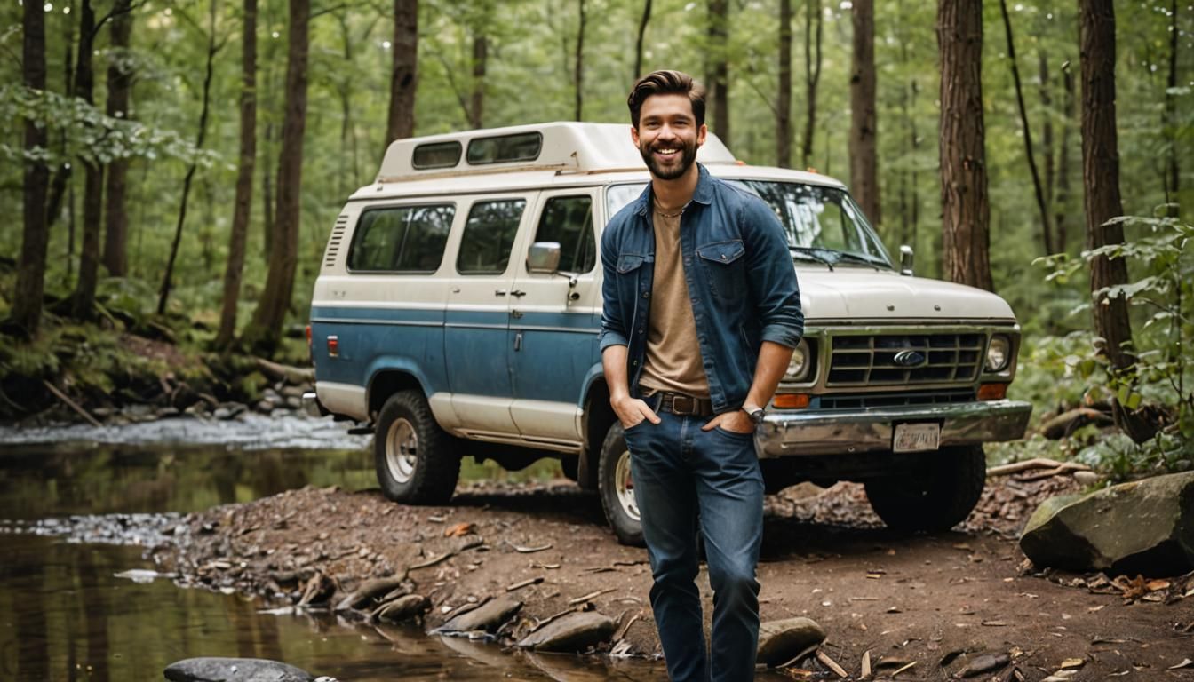 Smiling Man Relaxing by River in Forest