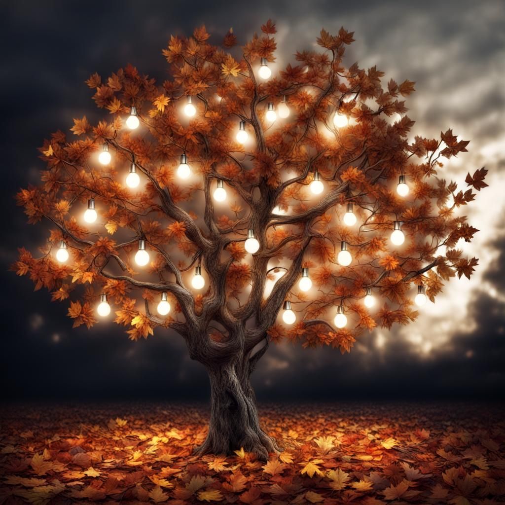 Tree with Light Bulb Leaves: Hyperrealistic Image