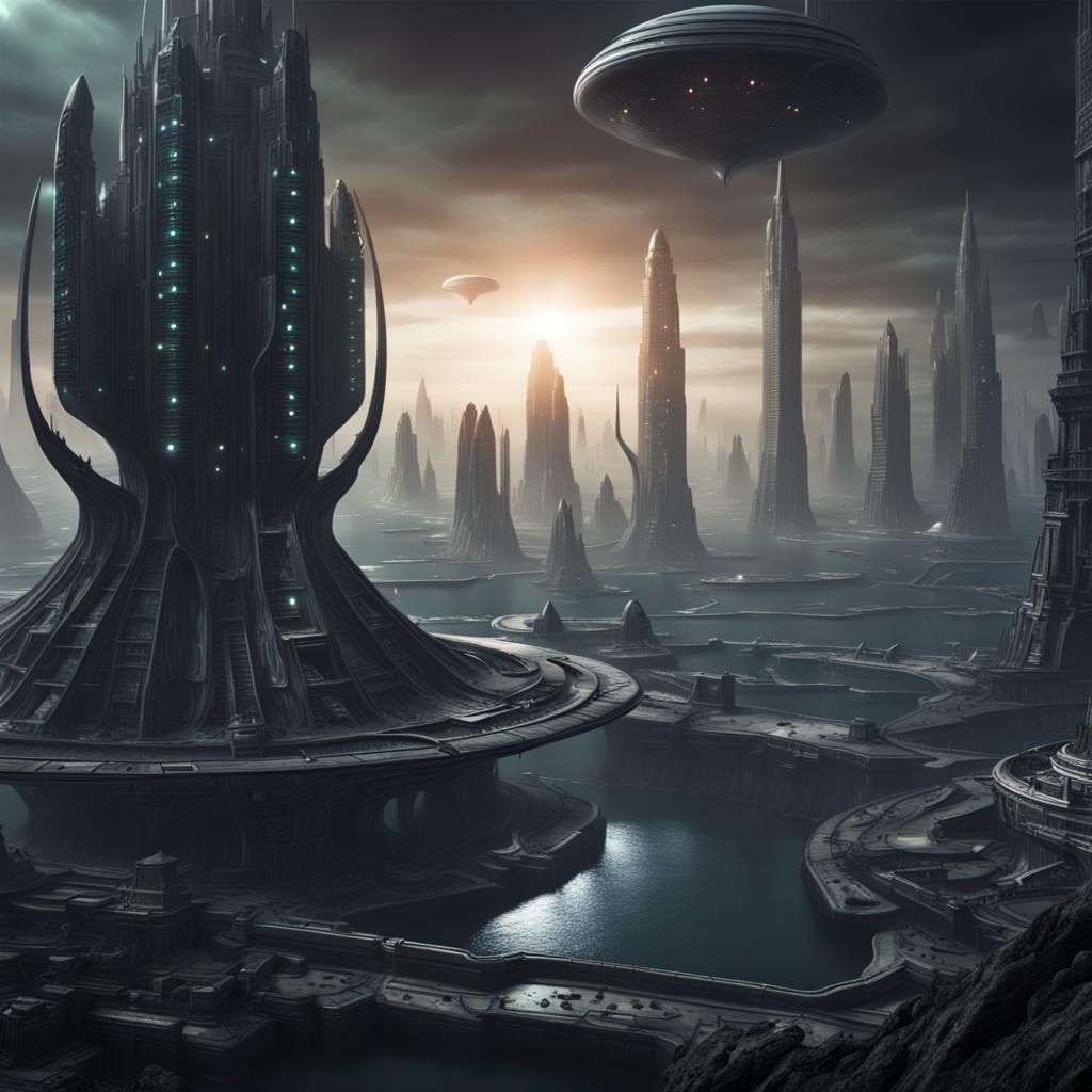 Alien City with Mothership in Dark Fantasy Style