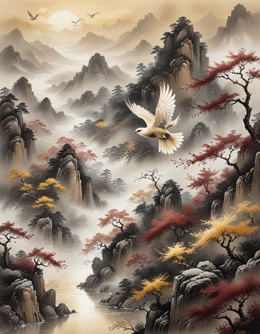Serene Bird in Flight Chinese Ink Landscape Painting